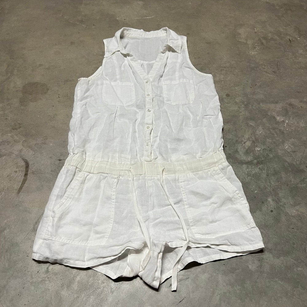 White 100% Linen Sleeveless Button Down Romper Elastic Waist Pockets